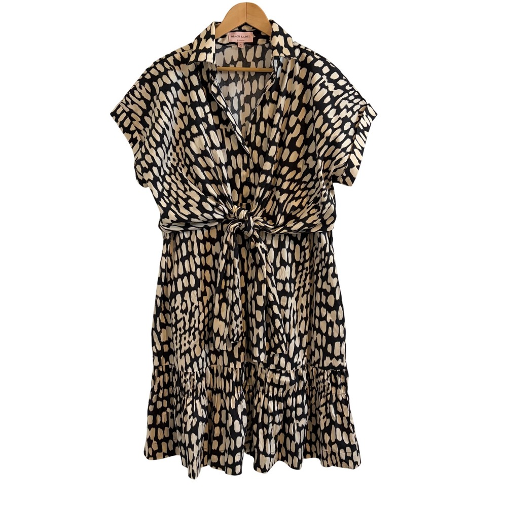 Black Label by Chicos XL Black Cream Ikat Tie Front Ruffle Hem Shirt Dress